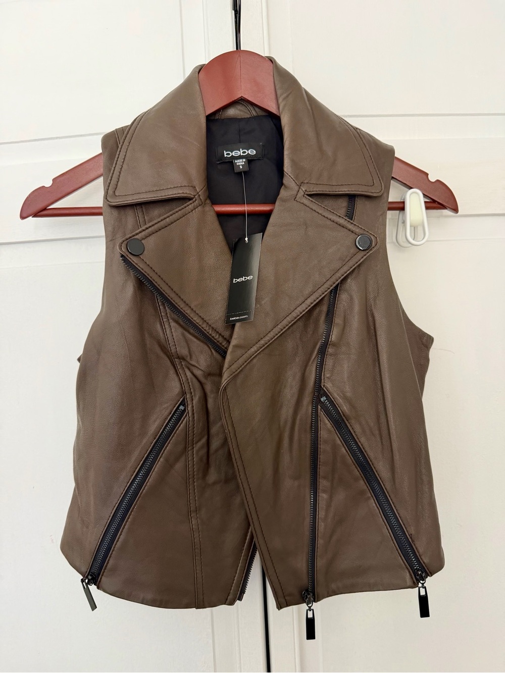 bebe Brown Leather Moto Vest with Asymmetrical Zips